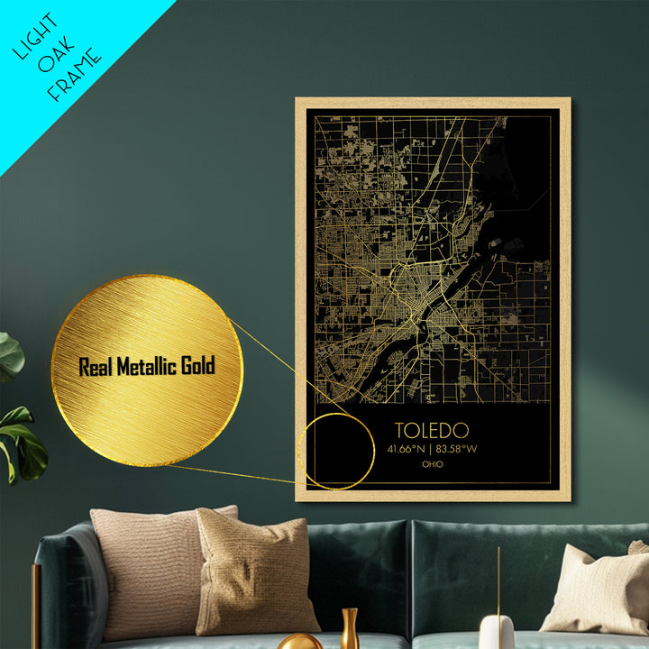 Toledo Ohio City street map, Metallic Gold Print, Metal Art, wood framed map, black and gold, Minimalist Wall Art, College Dorm Décor