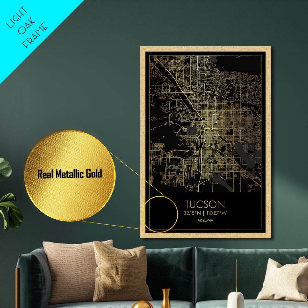 Tucson Arizona City street map, Metallic Gold Print, Metal Art, wood framed map, black and gold, Map Art, Office Decor