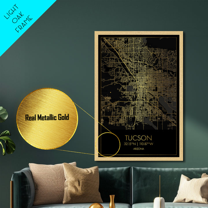 Tucson Arizona City street map, Metallic Gold Print, Metal Art, wood framed map, black and gold, Map Art, Office Decor