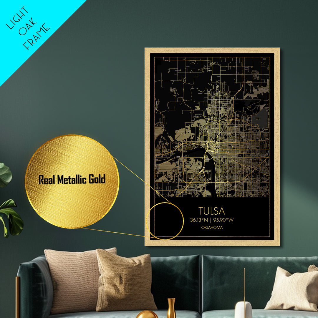Tulsa Oklahoma City Poster, Metallic Gold Art, Metal Art, real wood frames, black and gold, Map Art, Best Friend Gifts