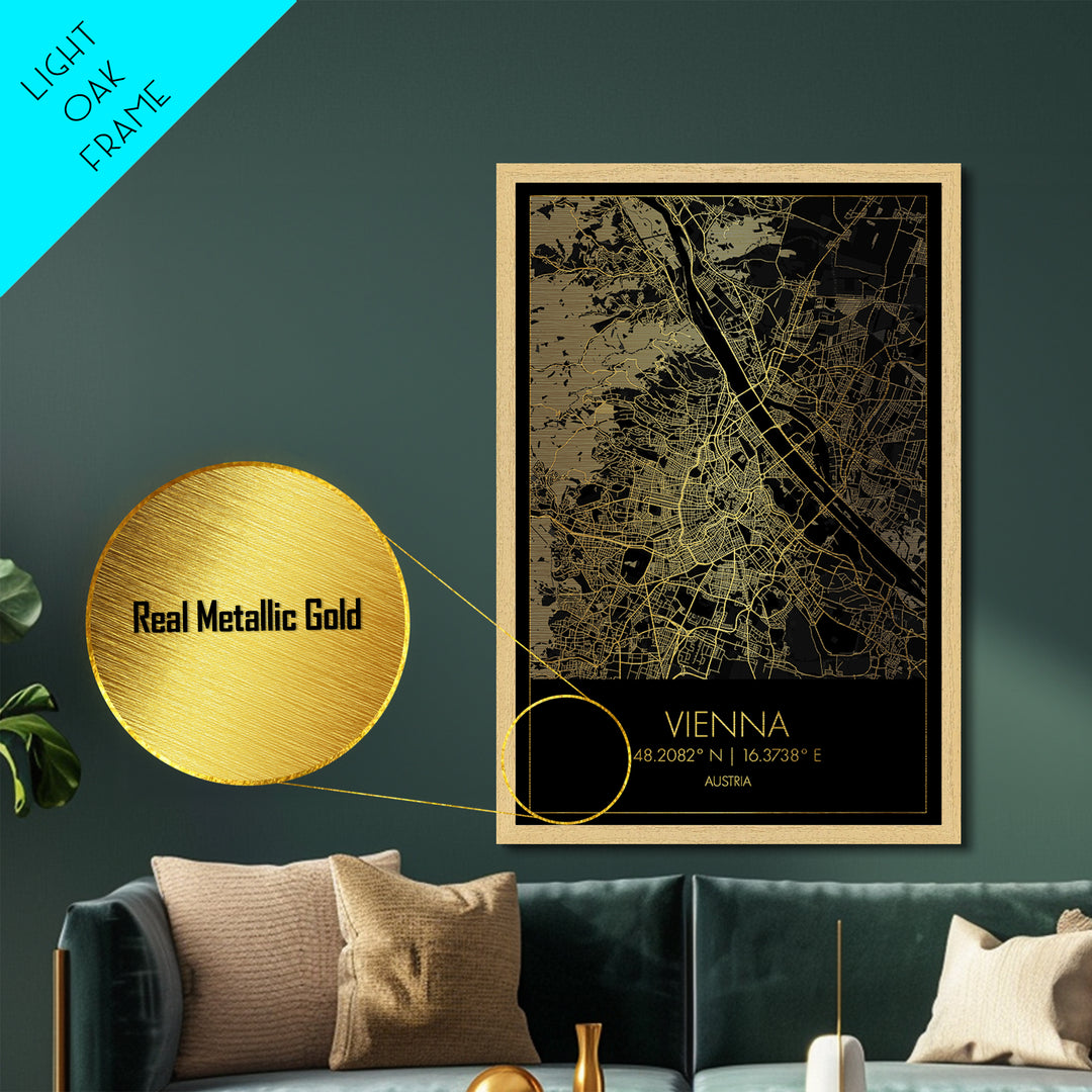 Vienna Austria City street map, Metallic Gold Print, Metal Art, wood framed map, black and gold, Gold Street Map Art, Modern Wall Art