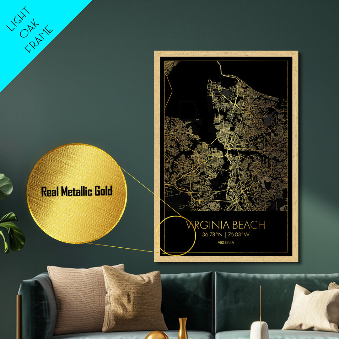 Virginia Beach Virginia City Poster, Metallic Gold Art, Metal Art, real wood frames, black and gold, Minimalist Wall Art, Map Print Poster