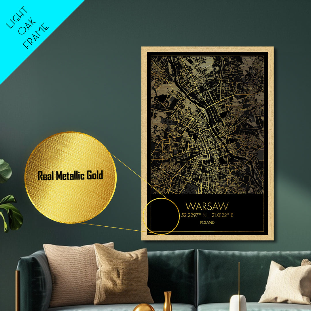 Warsaw Poland City street map, Metallic Gold Print, Metal Art, wood framed map, black and gold, Street Map Art, Office Decor