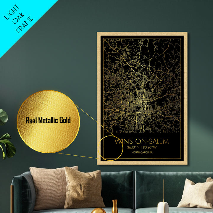 Winston-Salem North Carolina City Poster, Metallic Gold Art, Metal Art, real wood frames, black and gold, Street Map Wall Art, Closing Gift