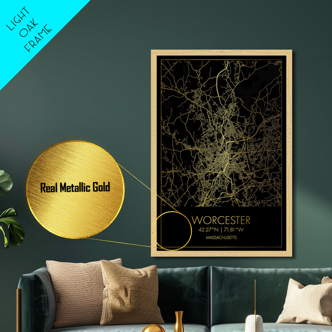 Worcester Massachusetts City street map, Metallic Gold Print, Metal Art, wood framed map, black and gold, Map Art, Housewarming Gift