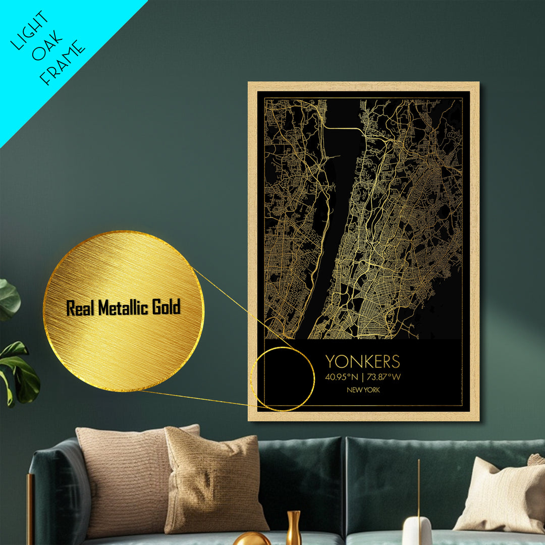 Yonkers New York City Poster, Metallic Gold Art, Metal Art, real wood frames, black and gold, Gold Street Map Art, Best Friend Gifts