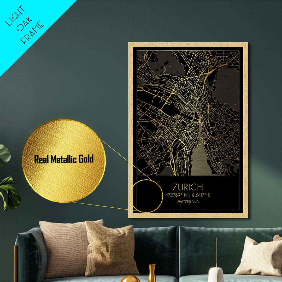 Zurich Switzerland City street map, Metallic Gold Print, Metal Art, wood framed map, black and gold, Minimalist Wall Art, College Dorm Décor