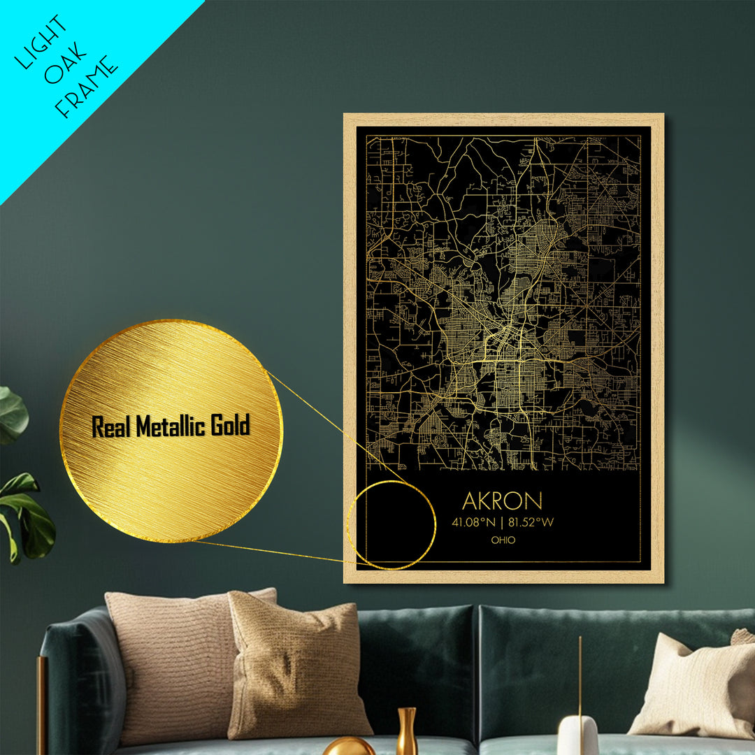 Akron Ohio City Poster, Metallic Gold Art, Metal Art, real wood frames, black and gold, Street Map Art, Modern House Art