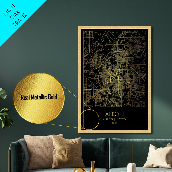Akron Ohio City Poster, Metallic Gold Art, Metal Art, real wood frames, black and gold, Street Map Art, Modern House Art