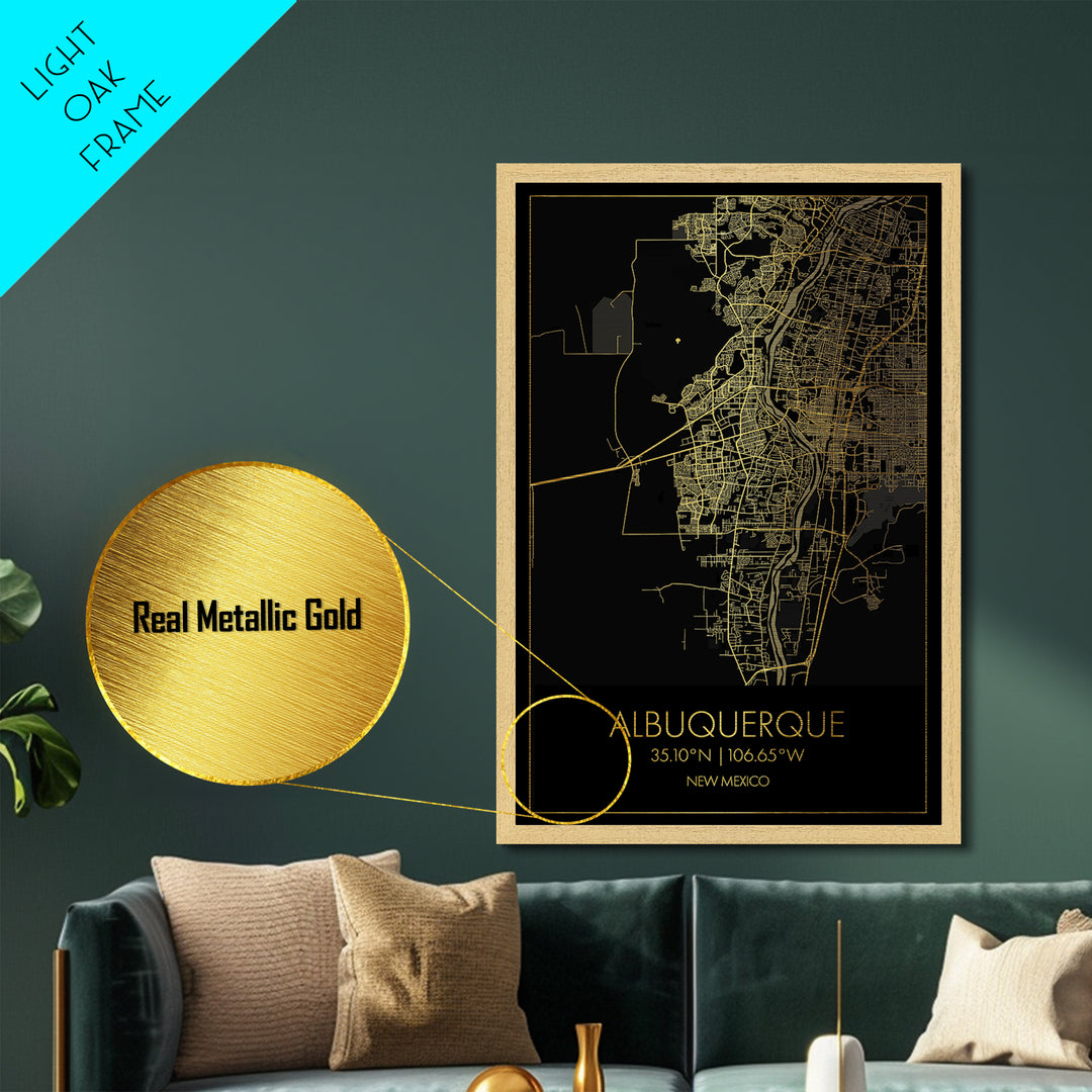 Albuquerque New Mexico City street map, Metallic Gold Print, Metal Art, wood framed map, black and gold, Map Art, Office Decor