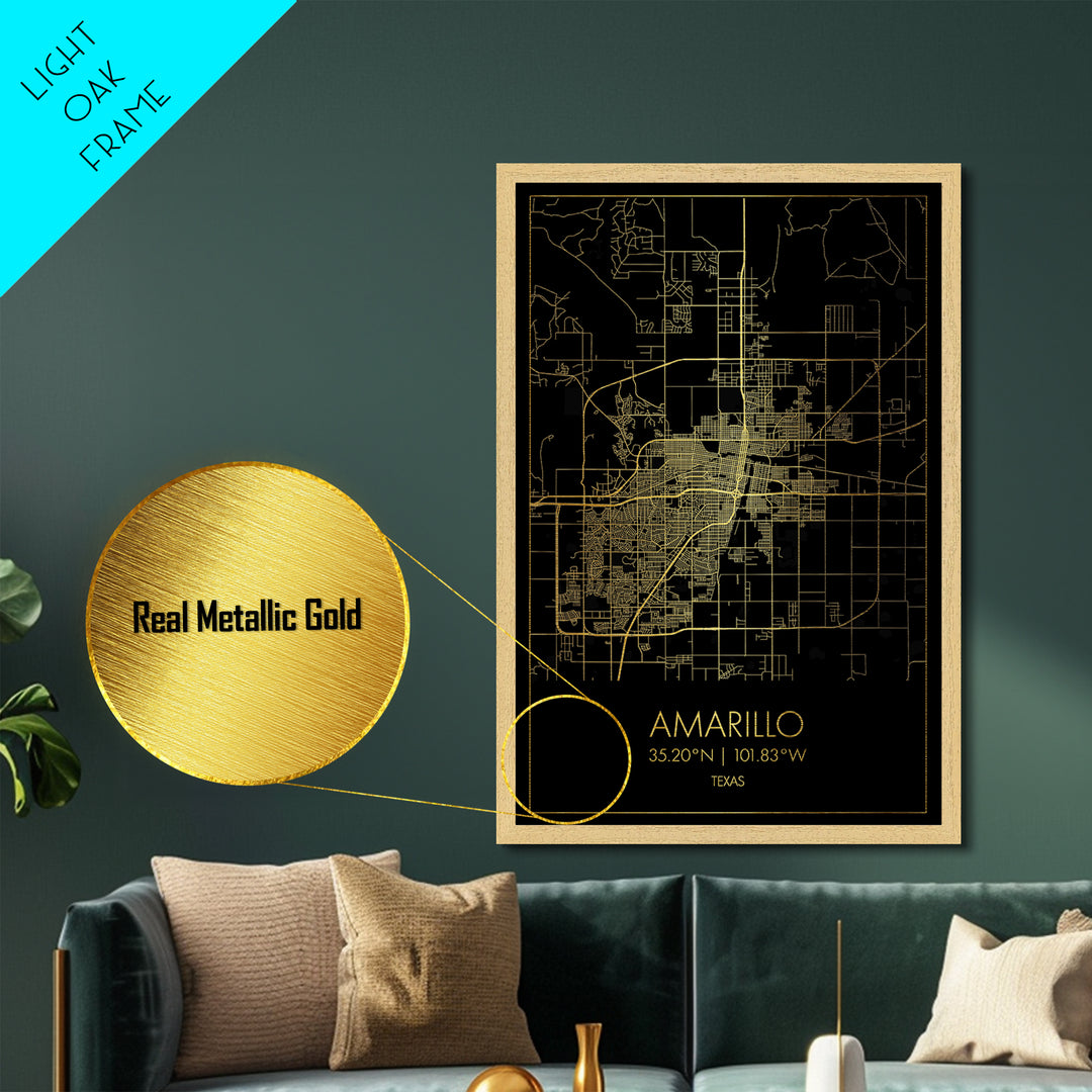 Amarillo Texas City Poster, Metallic Gold Art, Metal Art, real wood frames, black and gold, Map Art, Best Friend Gifts