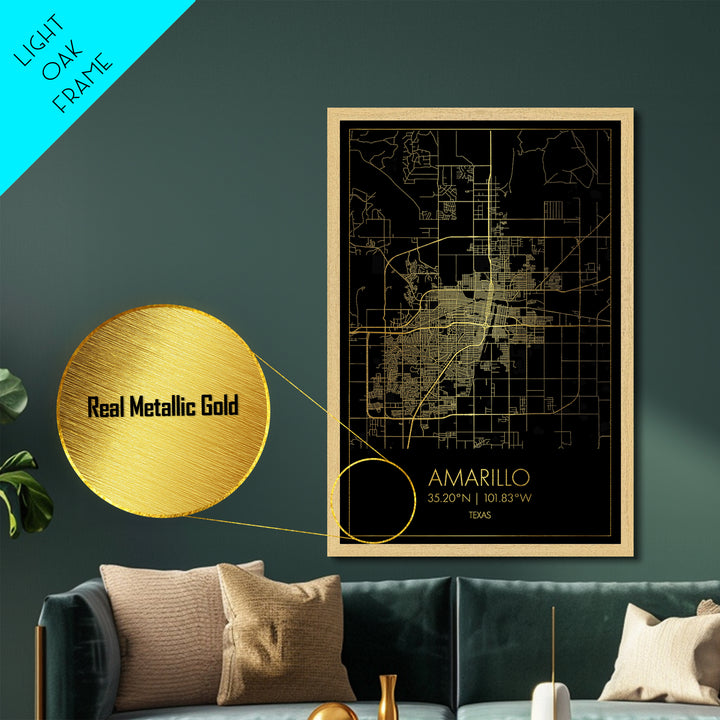 Amarillo Texas City Poster, Metallic Gold Art, Metal Art, real wood frames, black and gold, Map Art, Best Friend Gifts