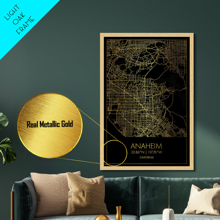 Anaheim California City street map, Metallic Gold Print, Metal Art, wood framed map, black and gold, Gold Street Map Art, Modern Wall Art