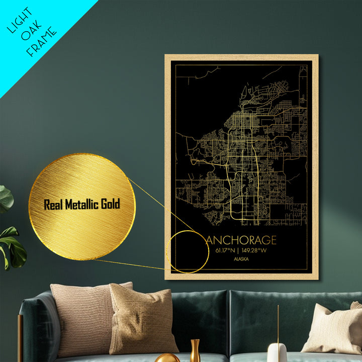 Anchorage Alaska City Poster, Metallic Gold Art, Metal Art, real wood frames, black and gold, Minimalist Wall Art, Map Print Poster