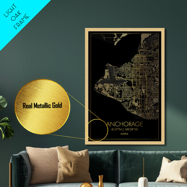 Anchorage Alaska City street map, Metallic Gold Print, Metal Art, wood framed map, black and gold, Street Map Art, Office Decor