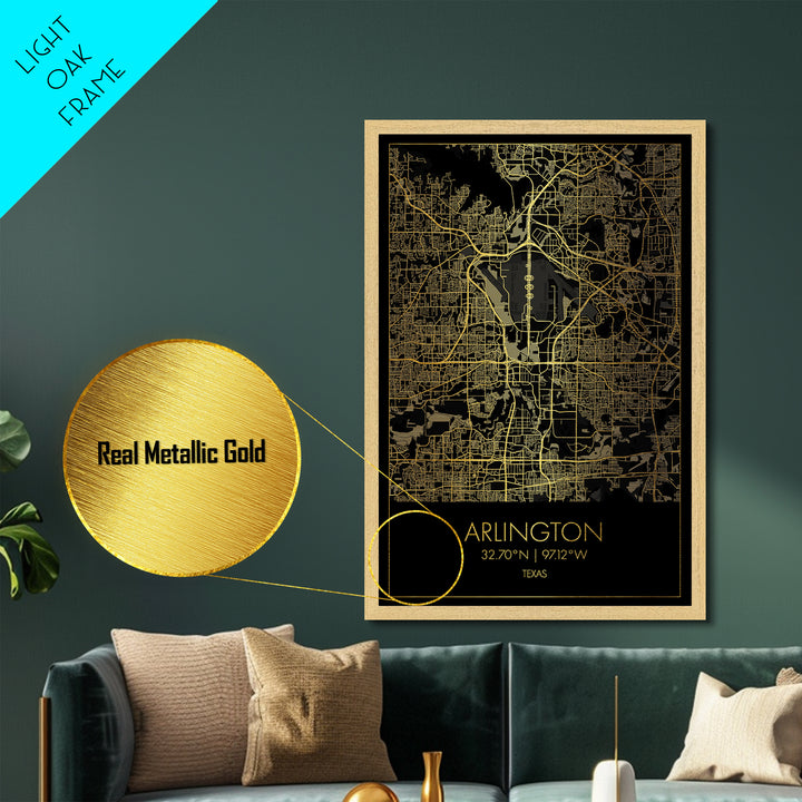 Arlington Texas City Poster, Metallic Gold Art, Metal Art, real wood frames, black and gold, Map Art, Best Friend Gifts