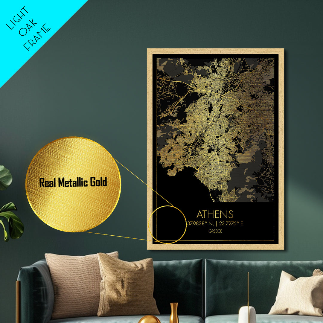 Athens Greece City street map, Metallic Gold Print, Metal Art, wood framed map, black and gold, Gold Street Map Art, Modern Wall Art