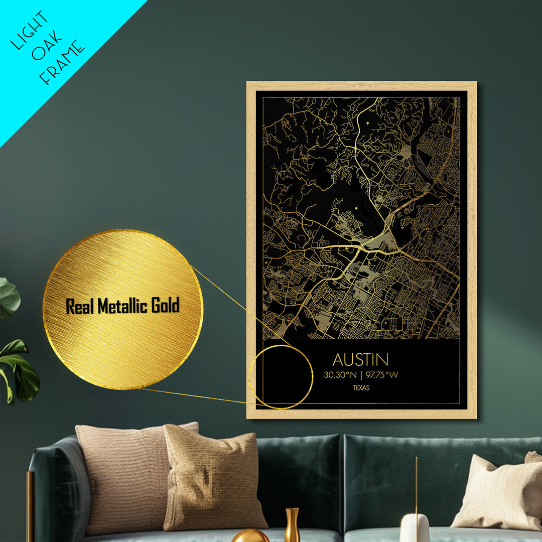 Austin Texas City Poster, Metallic Gold Art, Metal Art, real wood frames, black and gold, Street Map Art, Modern House Art