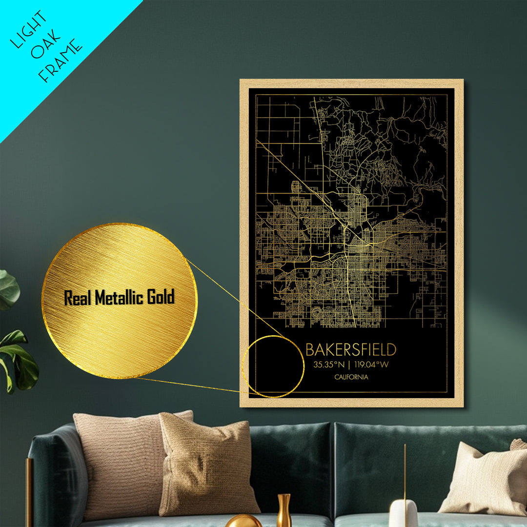 Bakersfield California City street map, Metallic Gold Print, Metal Art, wood framed map, black and gold, Map Art, Office Decor