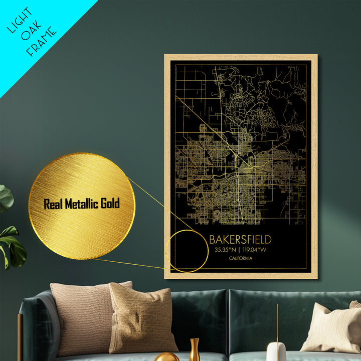 Bakersfield California City street map, Metallic Gold Print, Metal Art, wood framed map, black and gold, Map Art, Office Decor