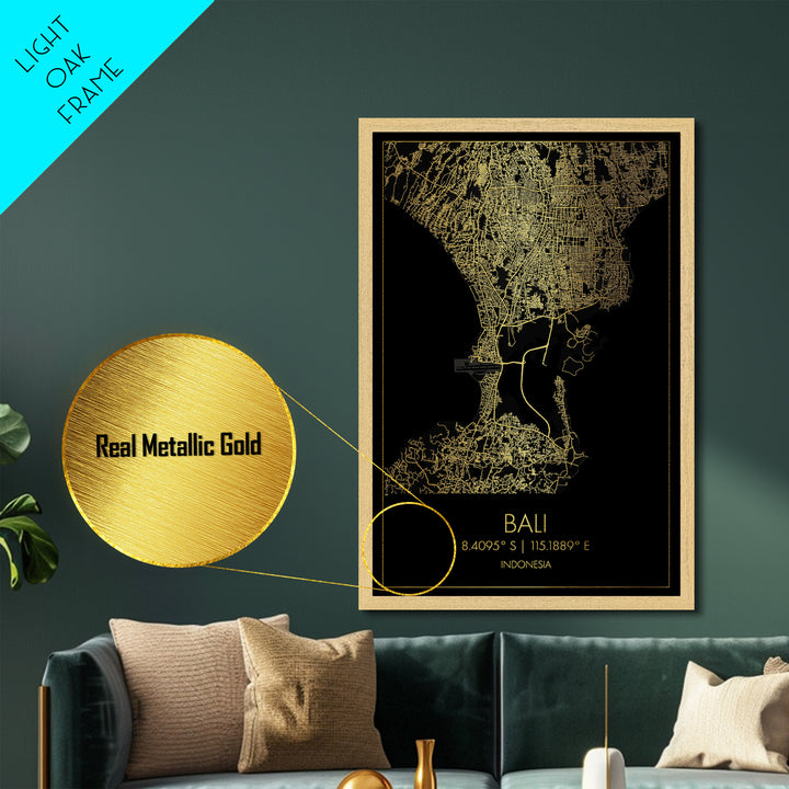 Bali Indonesia City Poster, Metallic Gold Art, Metal Art, real wood frames, black and gold, Map Art, Best Friend Gifts