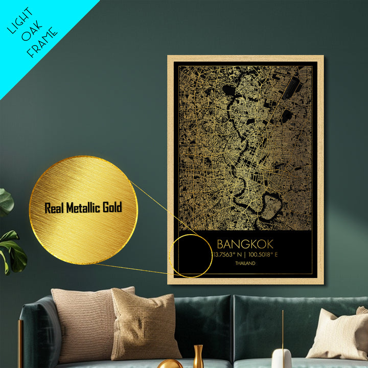 Bangkok Thailand City Poster, Metallic Gold Art, Metal Art, real wood frames, black and gold, Minimalist Wall Art, Map Print Poster