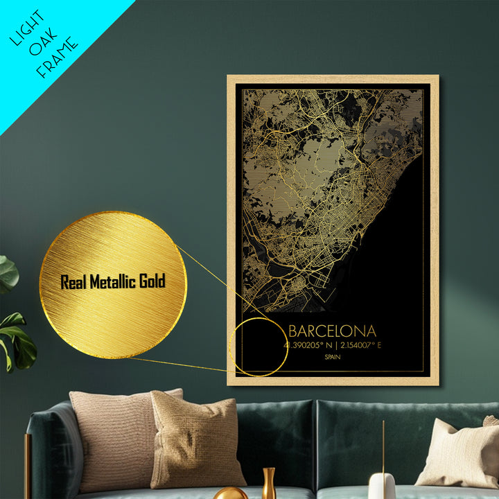 Barcelona Spain City street map, Metallic Gold Print, Metal Art, wood framed map, black and gold, Street Map Art, Office Decor