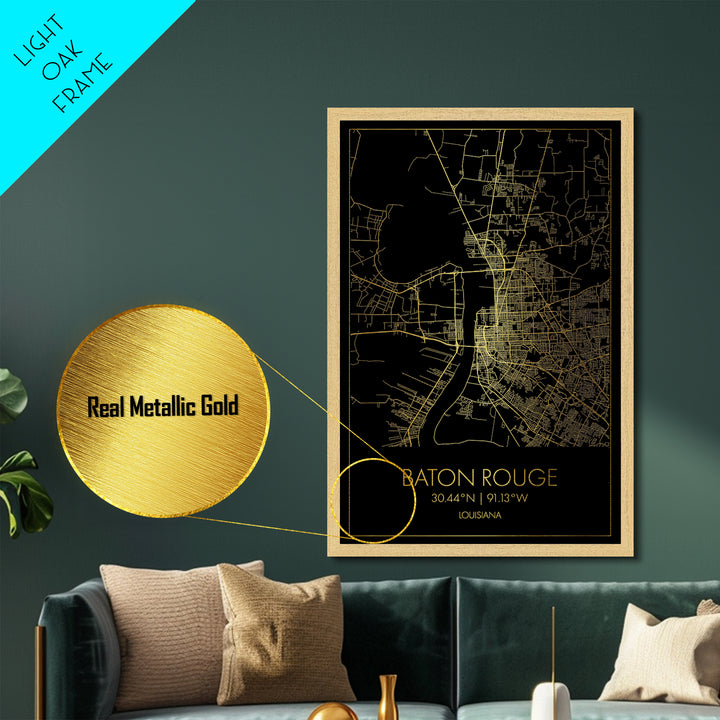 Baton Rouge Louisiana City Poster, Metallic Gold Art, Metal Art, real wood frames, black and gold, Map Art, Best Friend Gifts