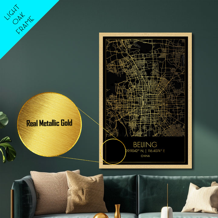 Beijing China City street map, Metallic Gold Print, Metal Art, wood framed map, black and gold, Gold Street Map Art, Modern Wall Art