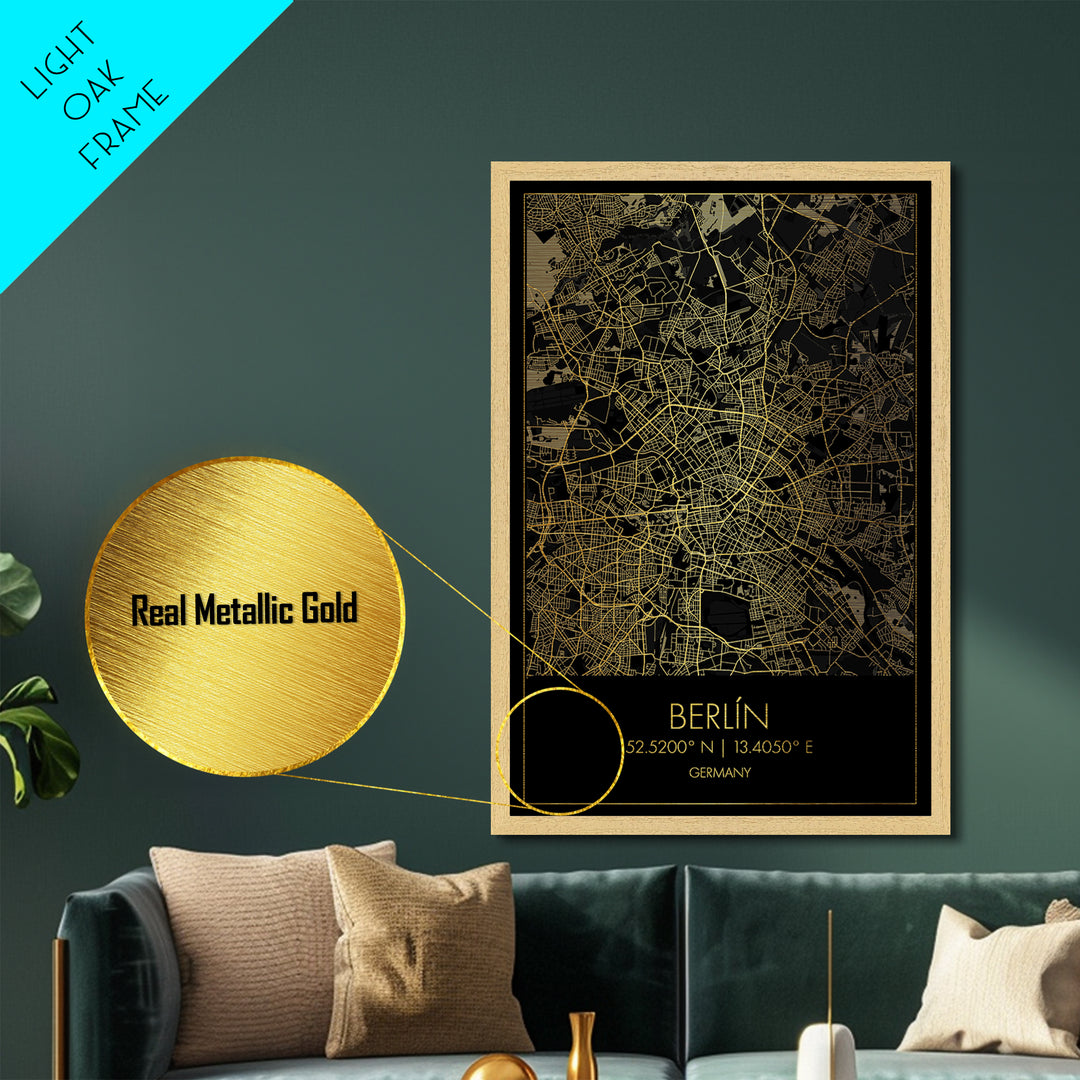 Berlin Germany City Poster, Metallic Gold Art, Metal Art, real wood frames, black and gold, Street Map Wall Art, Closing Gift
