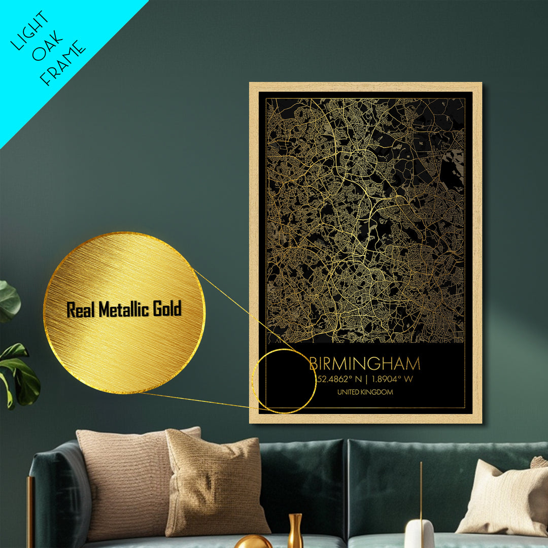 Birmingham United Kingdom City Poster, Metallic Gold Art, Metal Art, real wood frames, black and gold, Gold Street Map Art, Best Friend Gift