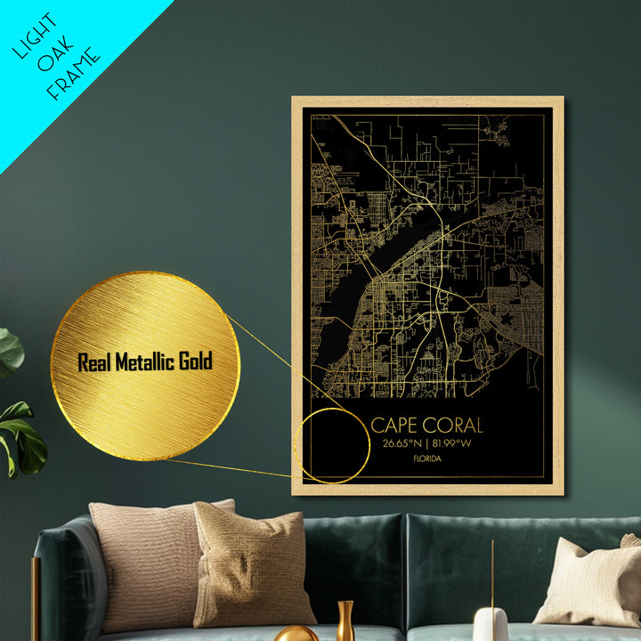 Cape Coral Florida City Poster, Metallic Gold Art, Metal Art, real wood frames, black and gold, Map Art, Best Friend Gifts