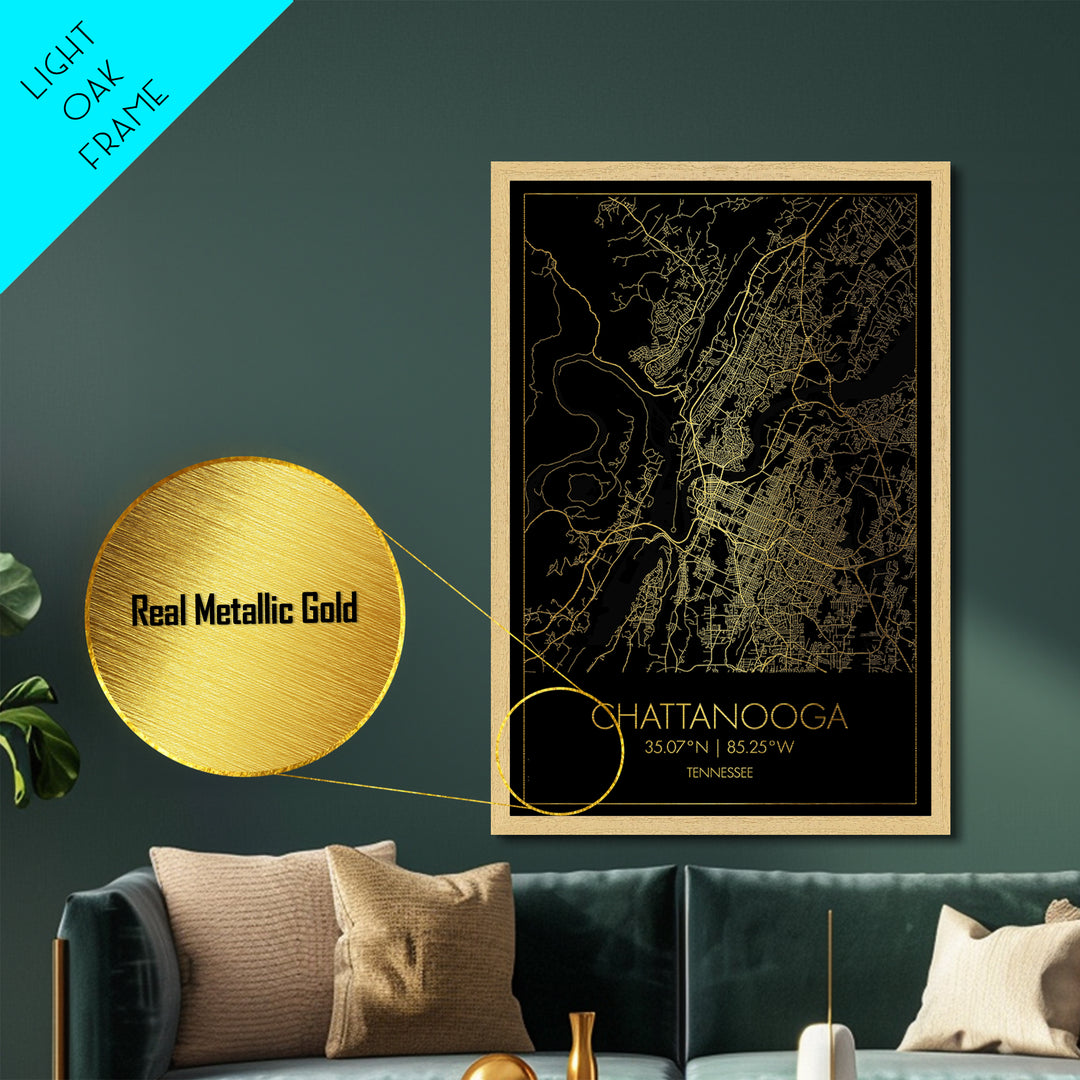 Chattanooga Tennessee City street map, Metallic Gold Print, Metal Art, wood framed map, black and gold, Street Map Art, Office Decor