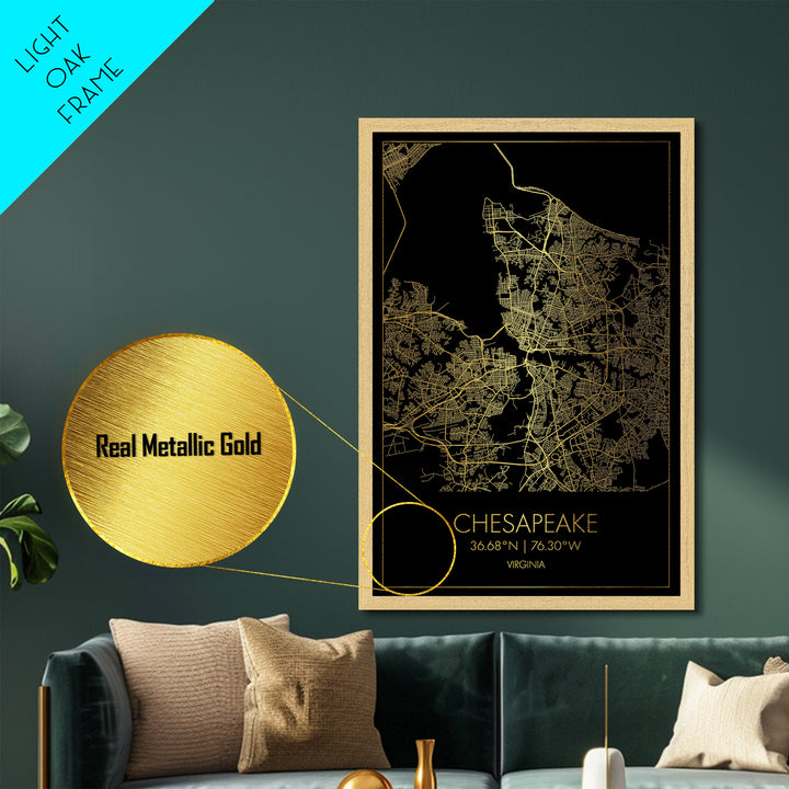 Chesapeake Virginia City Poster, Metallic Gold Art, Metal Art, real wood frames, black and gold, Map Art, Best Friend Gifts