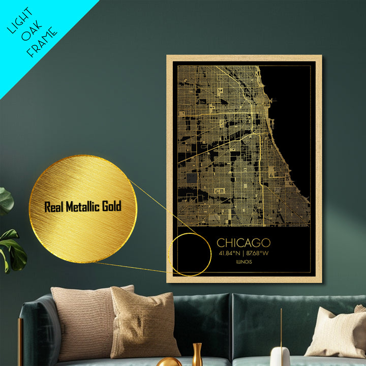 Chicago Illinois City street map, Metallic Gold Print, Metal Art, wood framed map, black and gold, Gold Street Map Art, Modern Wall Art