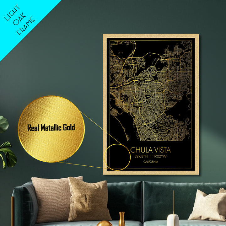 Chula Vista California City Poster, Metallic Gold Art, Metal Art, real wood frames, black and gold, Minimalist Wall Art, Map Print Poster