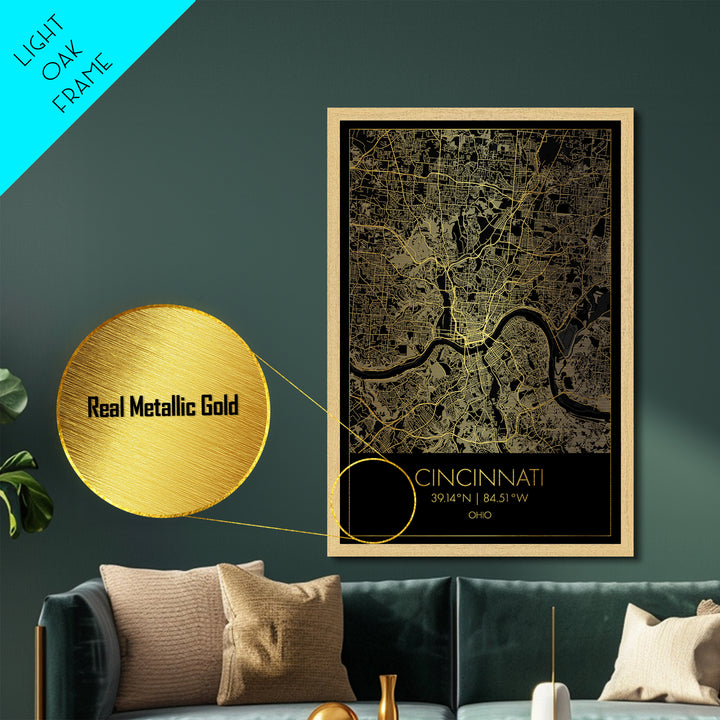 Cincinnati Ohio City Poster, Metallic Gold Art, Metal Art, real wood frames, black and gold, Map Art, Best Friend Gifts