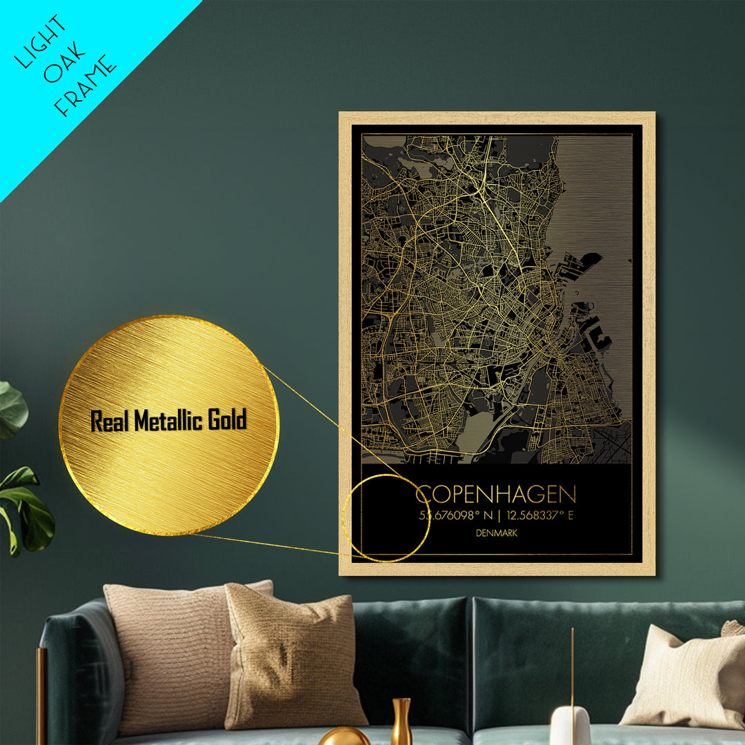 Copenhagen Denmark City Poster, Metallic Gold Art, Metal Art, real wood frames, black and gold, Map Art, Best Friend Gifts