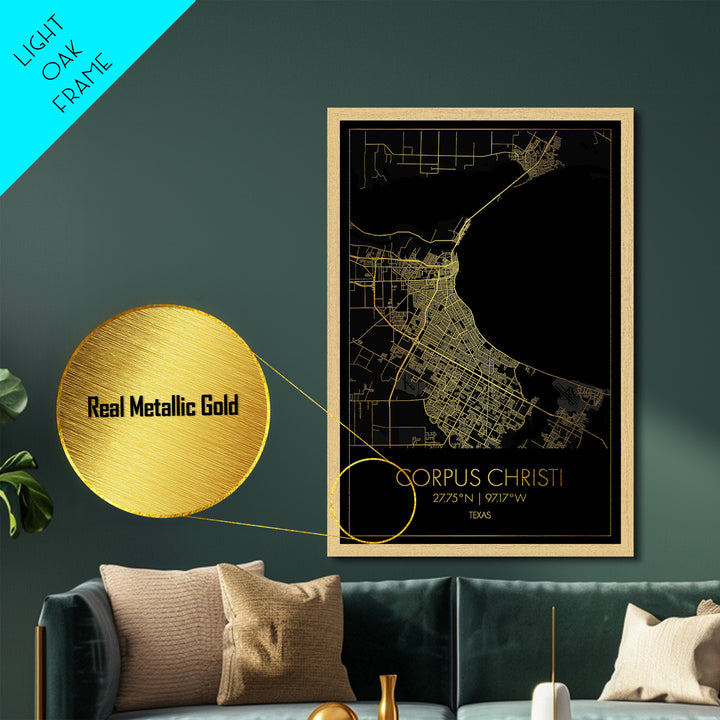 Corpus Christi Texas City street map, Metallic Gold Print, Metal Art, wood framed map, black and gold, Gold Street Map Art, Modern Wall Art