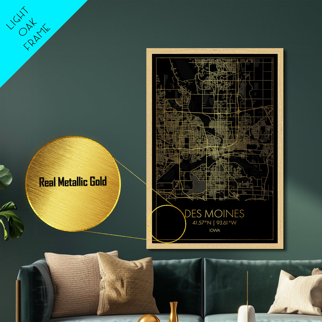 De Moines Iowa City Poster, Metallic Gold Art, Metal Art, real wood frames, black and gold, Street Map Wall Art, Closing Gift