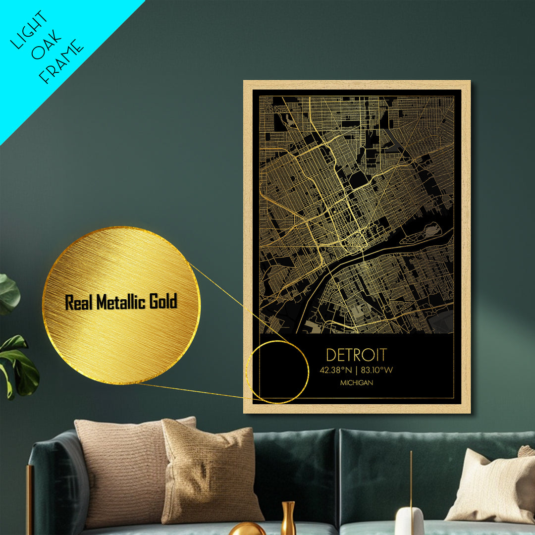 Detroit Michigan City Poster, Metallic Gold Art, Metal Art, real wood frames, black and gold, Gold Street Map Art, Best Friend Gifts