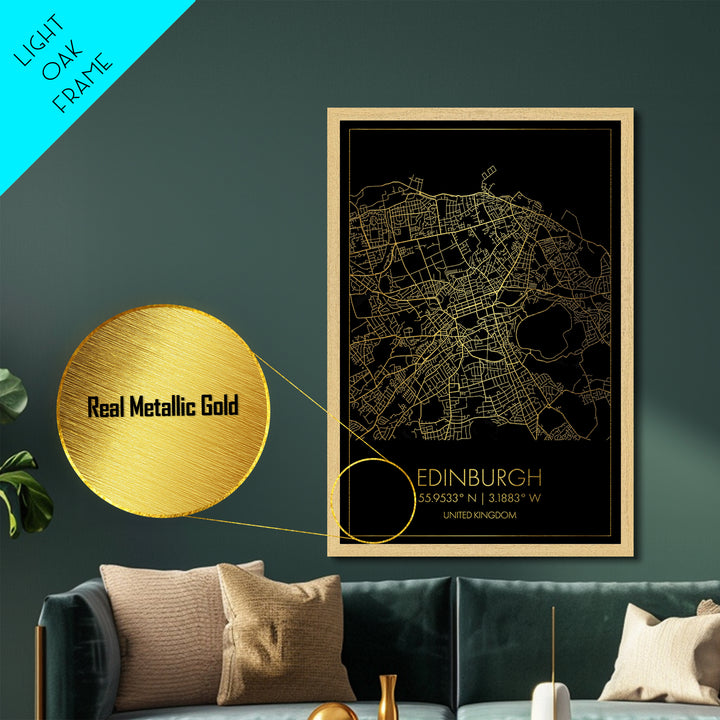 Edinburgh United Kingdom City Poster, Metallic Gold Art, Metal Art, real wood frames, black and gold, Map Art, Best Friend Gifts