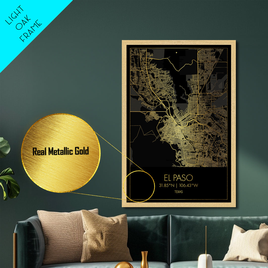 El Paso Texas City Poster, Metallic Gold Art, Metal Art, real wood frames, black and gold, Minimalist Wall Art, Map Print Poster