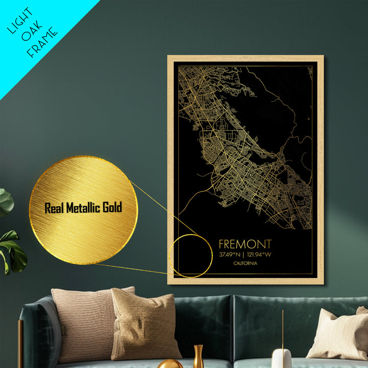 Fremont California City street map, Metallic Gold Print, Metal Art, wood framed map, black and gold, Gold Street Map Art, Modern Wall Art