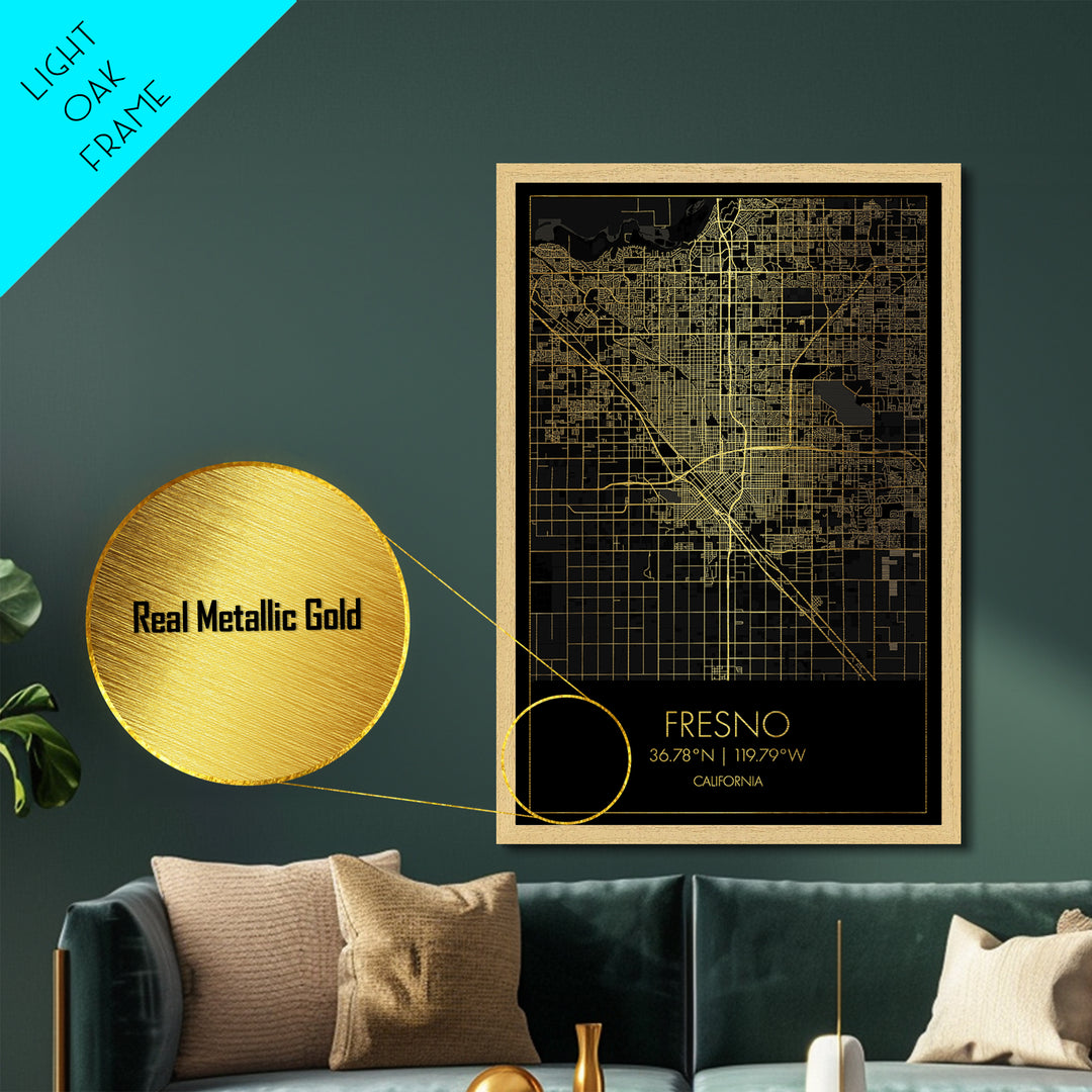 Fresno California City Poster, Metallic Gold Art, Metal Art, real wood frames, black and gold, Minimalist Wall Art, Map Print Poster