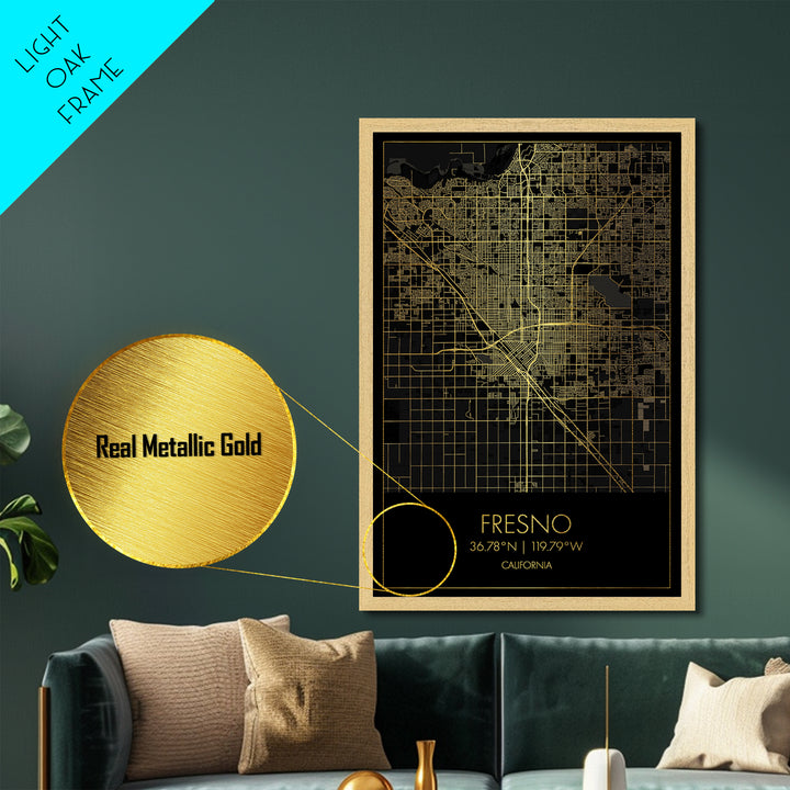 Fresno California City Poster, Metallic Gold Art, Metal Art, real wood frames, black and gold, Minimalist Wall Art, Map Print Poster