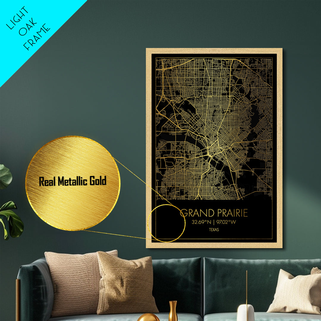 Grand Prairie Texas City street map, Metallic Gold Print, Metal Art, wood framed map, black and gold, Gold Street Map Art, Modern Wall Art