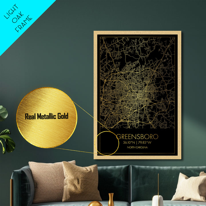 Greensboro North Carolina City Poster, Metallic Gold Art, Metal Art, real wood frames, black and gold, Map Art, Best Friend Gifts