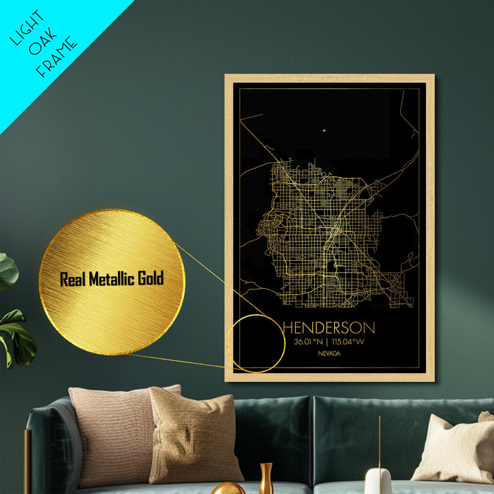 Henderson Nevada City street map, Metallic Gold Print, Metal Art, wood framed map, black and gold, Street Map Art, Office Decor