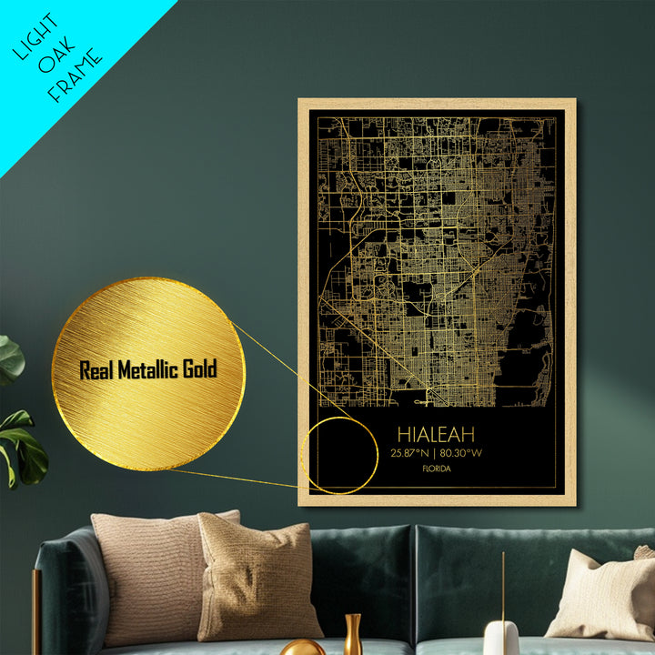 Hialeah Florida City Poster, Metallic Gold Art, Metal Art, real wood frames, black and gold, Map Art, Best Friend Gifts
